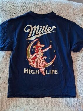 Gildan Navy Miller High Life Graphic Tee, back graphic in the shirt